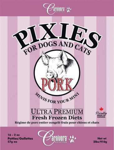 Front label of Pixies by Carnivora Pork Mini Patties, showcasing pork-based, ultra-premium fresh-frozen diet for pets, 16 patties, proudly made in Canada.