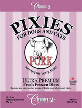 Front label of Pixies by Carnivora Pork Mini Patties, showcasing pork-based, ultra-premium fresh-frozen diet for pets, 16 patties, proudly made in Canada.