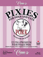 Front label of Pixies by Carnivora Pork Mini Patties, showcasing pork-based, ultra-premium fresh-frozen diet for pets, 16 patties, proudly made in Canada.
