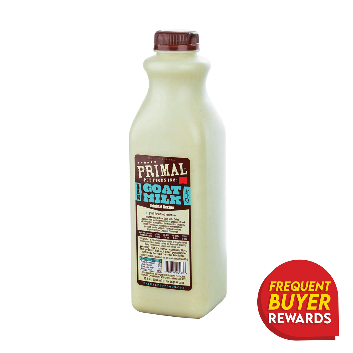 Primal Raw Goat's Milk 1L bottle with Frequent Buyer Rewards badge; a probiotic, moisture-boosting supplement for dogs and cats, ideal for meal toppers or treats.