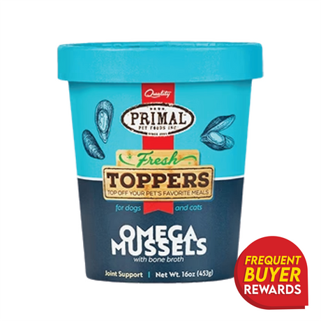 Primal Omega Mussel Fresh Topper tub for pets, highlighting joint support with omega-3s and bone broth. Includes Frequent Buyer Rewards badge in the corner.