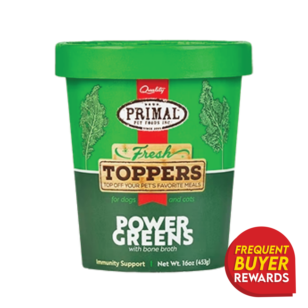 Primal Power Greens Fresh Topper in a green tub, featuring bone broth for immunity support and a Frequent Buyer Rewards badge, enhances pet meals with organic greens.