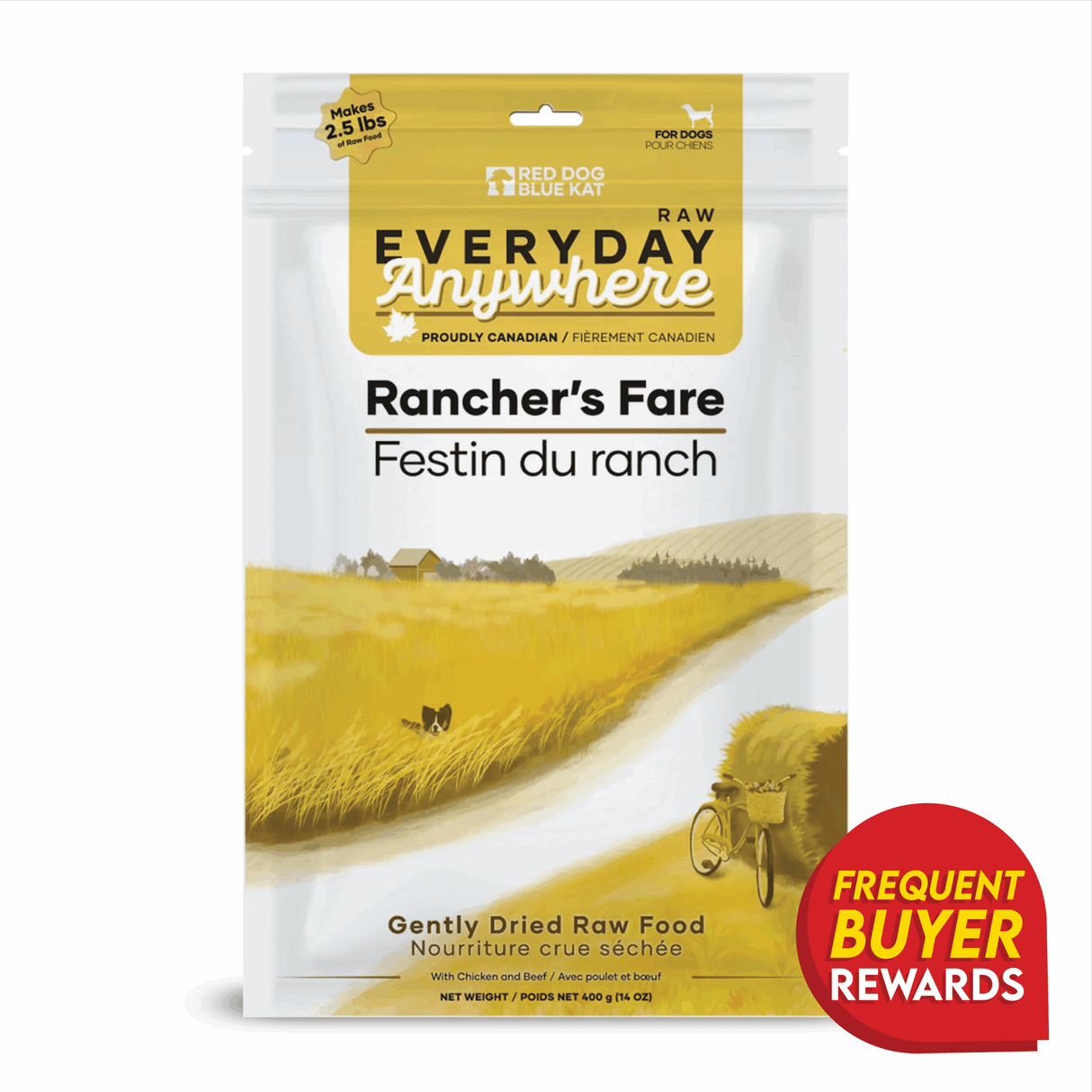 RDBK Everyday Raw Anywhere Rancher's Fare for Dogs: 400g pouch of gently dried raw dog food with chicken, beef, and veggies; features rural field artwork and Frequent Buyer Rewards badge.