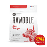 Bag of BIXBI’s RAWBBLE Beef Recipe, freeze-dried dog food, highlighting 98% pasture-fed beef, complete nutrition, and versatile use as meal, topper, or treat.