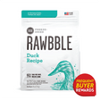 RAWBBLE Duck Recipe for Dogs: 26 oz bag of freeze-dried dog food, 95% cage-free duck, for puppies and adults, with Frequent Buyer Rewards badge.