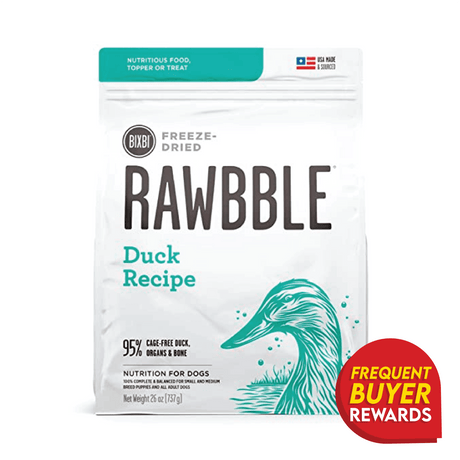 RAWBBLE Duck Recipe for Dogs: 26 oz bag of freeze-dried dog food, 95% cage-free duck, for puppies and adults, with Frequent Buyer Rewards badge.