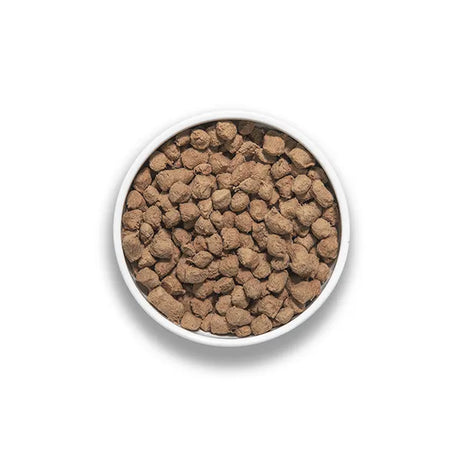 Rawbble Pork Recipe for Dogs: A white bowl filled with freeze-dried, brown pork nuggets, ideal for serving dry or rehydrated as a complete meal or topper.