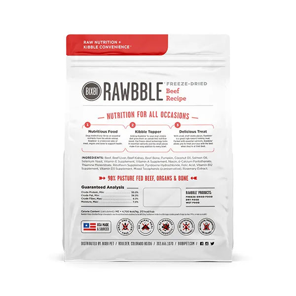 BIXBI RAWBBLE Beef Recipe for Dogs in a resealable bag, showcasing freeze-dried beef nutrition for dogs, usable as a meal, topper, or treat.