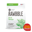 BIXBI's RAWBBLE Pork Recipe for Dogs: 26-ounce freeze-dried bag, 97% pork content, complete balanced nutrition, with Frequent Buyer Rewards badge, ideal as a meal or topper.