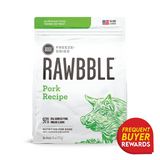 BIXBI's RAWBBLE Pork Recipe for Dogs: 26-ounce freeze-dried bag, 97% pork content, complete balanced nutrition, with Frequent Buyer Rewards badge, ideal as a meal or topper.