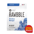 RAWBBLE Turkey Recipe for Dogs, a 26 oz freeze-dried bag, features 96% cage-free turkey, offering complete nutrition, ideal as a meal or topper.