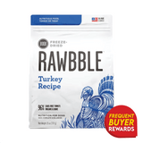 RAWBBLE Turkey Recipe for Dogs, a 26 oz freeze-dried bag, features 96% cage-free turkey, offering complete nutrition, ideal as a meal or topper.