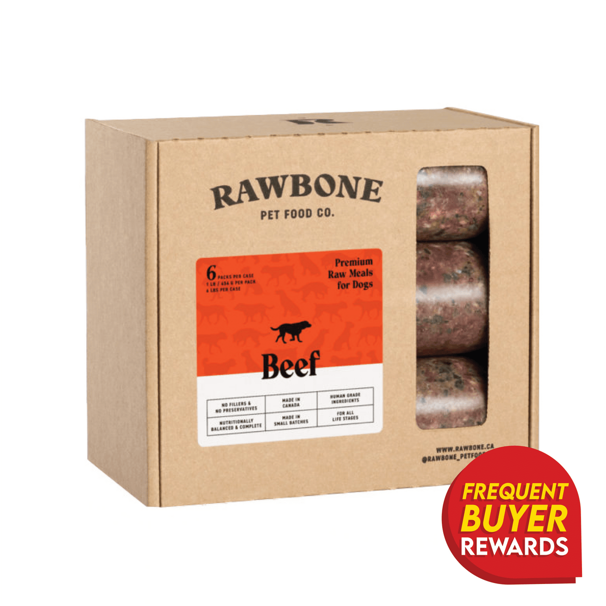 RAWBONE Pet Food Co. 4-lb case of Mixed Protein Beef Meal for dogs, featuring freezer-ready beef patties, no fillers, and human-grade ingredients.