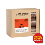 RAWBONE Pet Food Co. 4-lb case of Mixed Protein Beef Meal for dogs, featuring freezer-ready beef patties, no fillers, and human-grade ingredients.