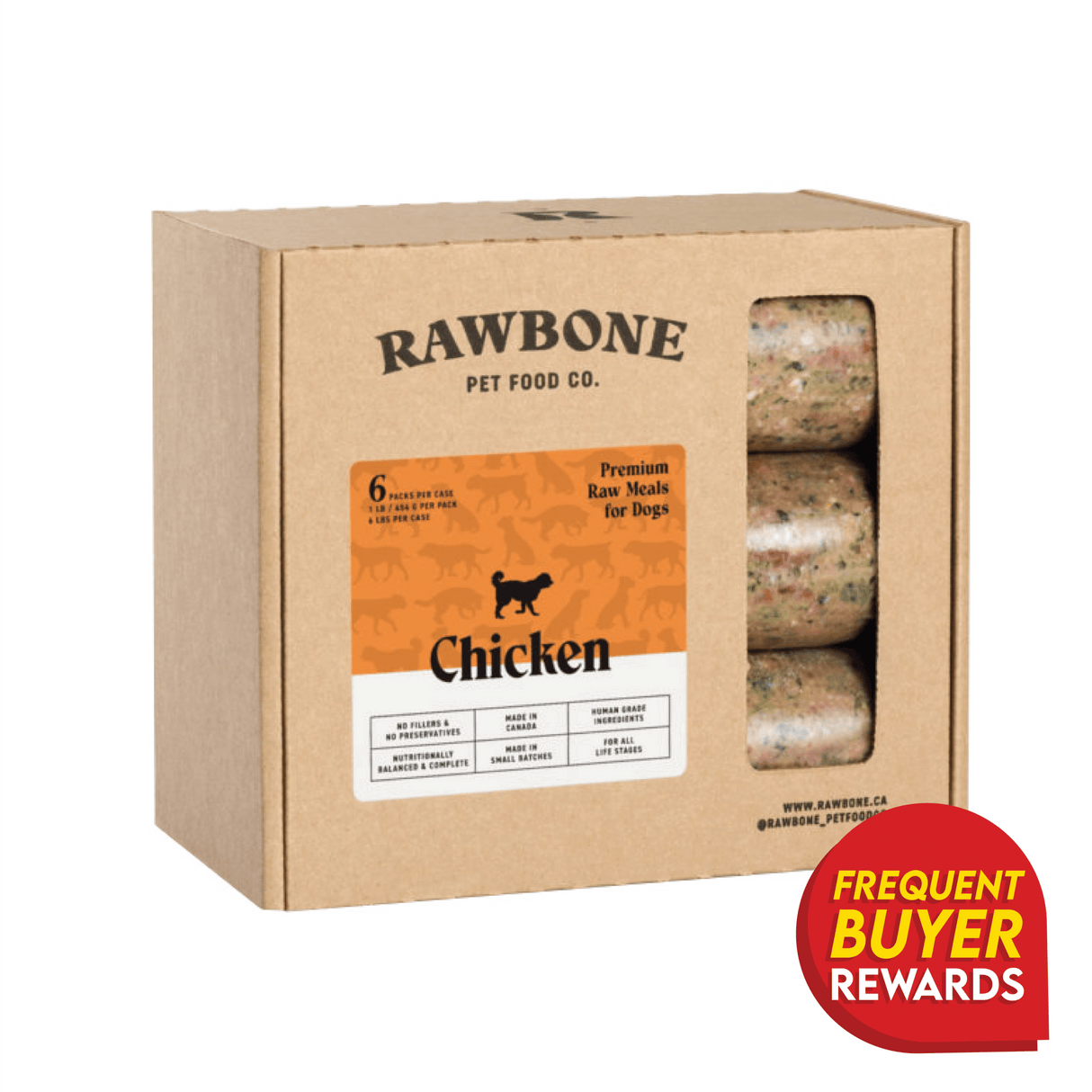 RAWBONE Pet Food Co. cardboard case with six 1-lb packs of Rawbone Mixed Protein Chicken Meal for dogs, highlighting made in Canada, no preservatives, and frequent buyer rewards.