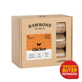 RAWBONE Pet Food Co. cardboard case with six 1-lb packs of Rawbone Mixed Protein Chicken Meal for dogs, highlighting made in Canada, no preservatives, and frequent buyer rewards.