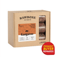 RAWBONE Pet Food Co.'s Kangaroo raw meal case, 6-pack, features visible patties, promoting lean, novel-protein nutrition, with a Frequent Buyer Rewards badge.
