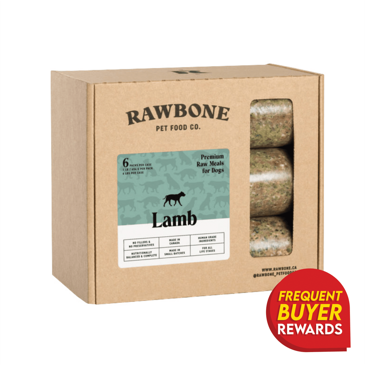 Rawbone Mixed Protein Lamb Meal in a cardboard case, featuring a cut-out showing three raw-food patties, Lamb label, and Frequent Buyer Rewards badge.