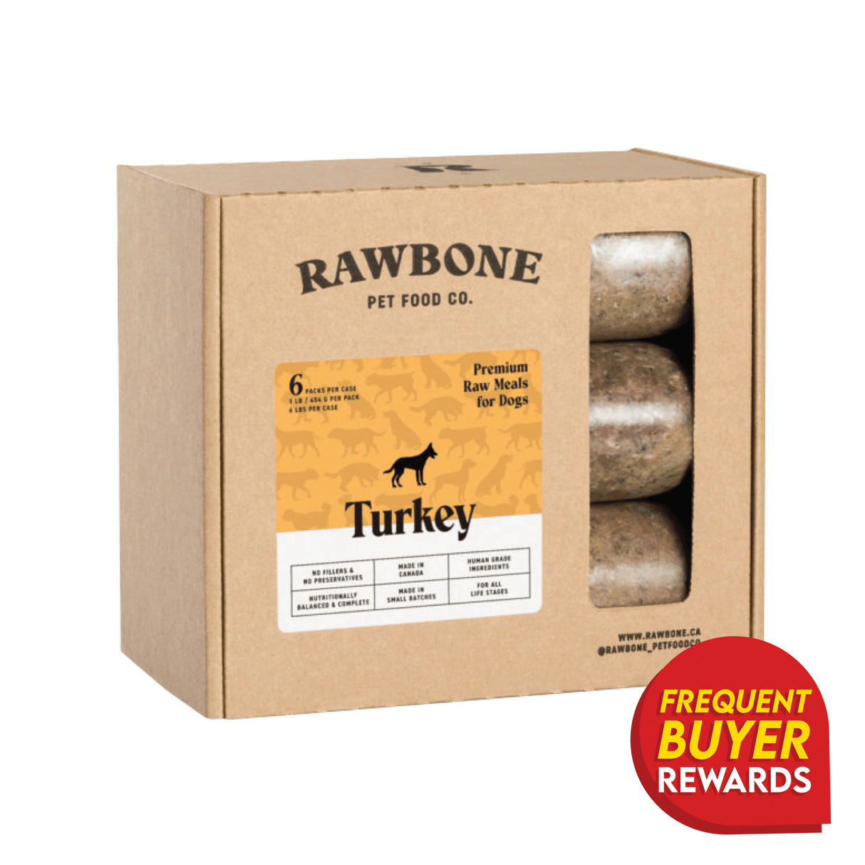 Rawbone Mixed Protein Turkey Meal six-pack, featuring human-grade, frozen raw meals for dogs with turkey and beef organs. Includes a Frequent Buyer Rewards badge.