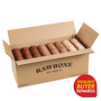 Rawbone Variety Box (Beef, Pork & Turkey) in an open branded box with eight meat logs, highlighting freezer-friendly, minimally processed raw pet food and a rewards badge.