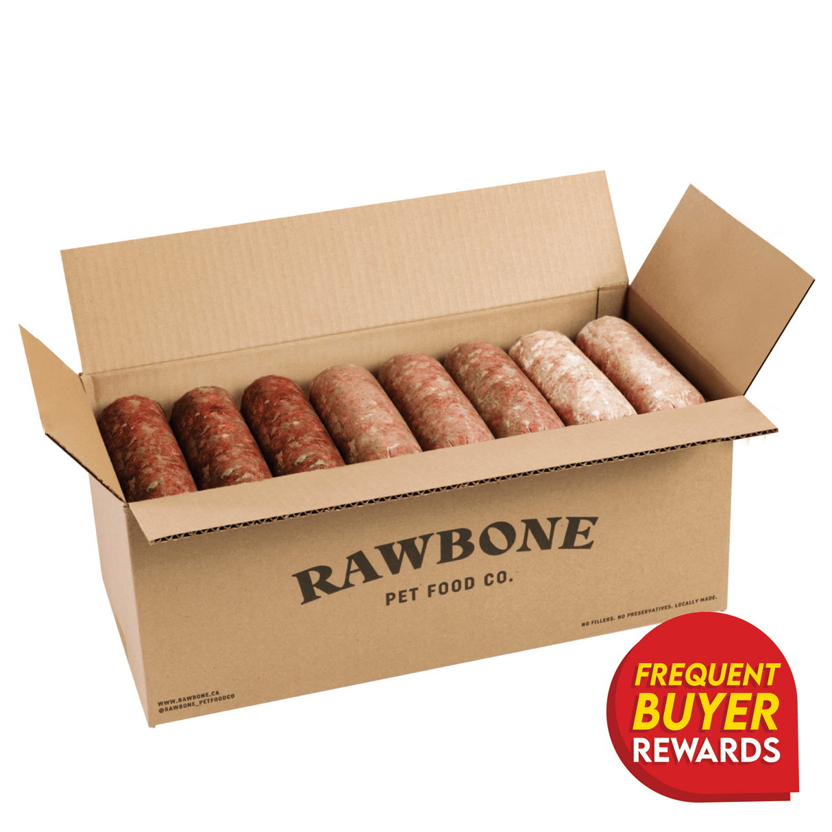 Rawbone Variety Box (Beef, Pork & Turkey) in an open branded box with eight meat logs, highlighting freezer-friendly, minimally processed raw pet food and a rewards badge.