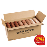 Rawbone Variety Box (Beef, Pork & Turkey) in an open branded box with eight meat logs, highlighting freezer-friendly, minimally processed raw pet food and a rewards badge.