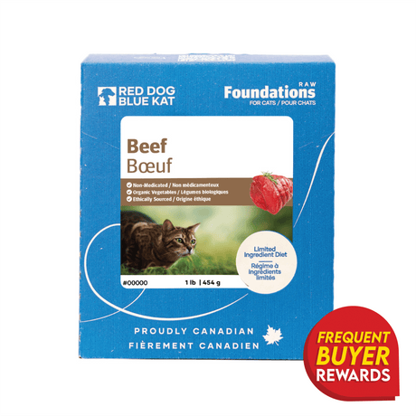 Red Dog Blue Kat Beef for Cats, 1 lb box, highlights raw beef nutrition with organic veggies, single-protein formula, freezer-friendly, and Canadian-sourced, ideal for complete meals.