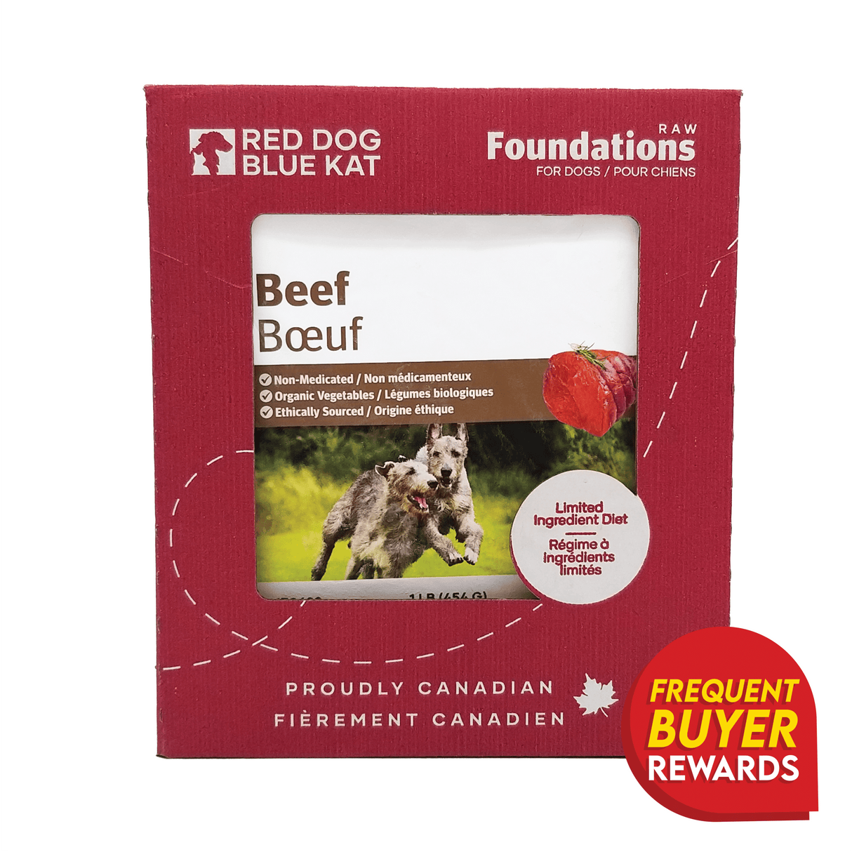 Red Dog Blue Kat Beef for Dogs packaging shows beef blocks through a window, with two dogs running on the front and a Frequent Buyer Rewards badge.