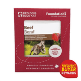 Red Dog Blue Kat Beef for Dogs packaging shows beef blocks through a window, with two dogs running on the front and a Frequent Buyer Rewards badge.
