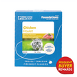 Red Dog Blue Kat Chicken for Cats in a blue carton featuring raw chicken, a grey cat, ethical sourcing icons, and Proudly Canadian with a maple leaf.