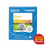 Red Dog Blue Kat Chicken for Cats in a blue carton featuring raw chicken, a grey cat, ethical sourcing icons, and Proudly Canadian with a maple leaf.