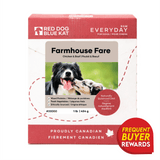 RDBK - Everyday Raw Farmhouse Fare dog food box featuring two dogs, highlighting chicken and beef mix, Canadian-made, with a Frequent Buyer Rewards badge.