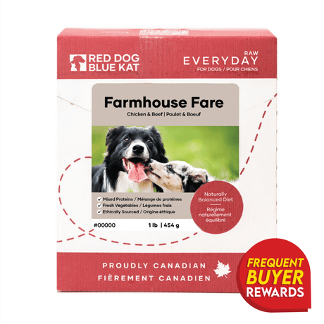 RDBK - Everyday Raw Farmhouse Fare dog food box featuring two dogs, highlighting chicken and beef mix, Canadian-made, with a Frequent Buyer Rewards badge.