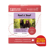 Red Dog Blue Kat 1 lb box of RDBK Everyday Raw Reef N' Beef dog food, highlighting raw mixed proteins, fresh veggies, and a Canadian-sourced, balanced diet.