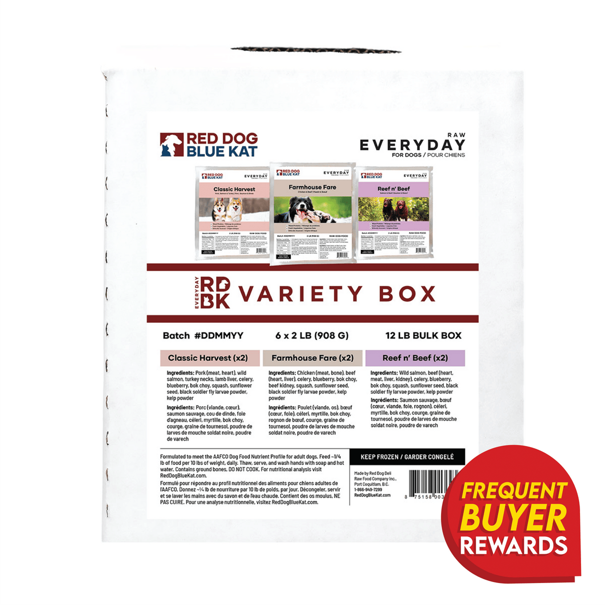 Red Dog Blue Kat “Everyday Raw” Variety Box for dogs, 12 lbs with six 2 lb pouches, featuring Classic Harvest, Farmhouse Fare, and Reef n’ Beef.