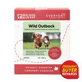 RDBK Everyday Raw Wild Outback dog food box featuring kangaroo, lamb, and herring blend. Highlights mixed proteins, fresh vegetables, ethically sourced ingredients, and a naturally balanced diet.