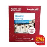 Red Dog Blue Kat Herring for Dogs retail box, featuring ocean-wise, ethically sourced ingredients and a Canadian label, highlights portion-easy blocks and frequent buyer rewards.