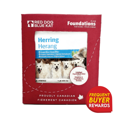 Red Dog Blue Kat Herring for Dogs retail box, featuring ocean-wise, ethically sourced ingredients and a Canadian label, highlights portion-easy blocks and frequent buyer rewards.