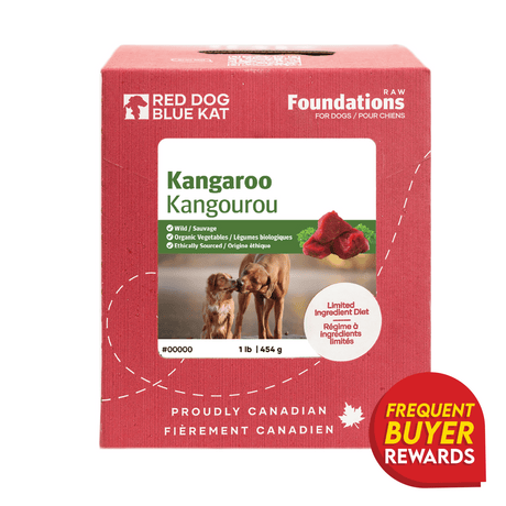 Red Dog Blue Kat Kangaroo for Dogs box with limited ingredients, organic veggies, Canadian branding, and rewards badge; features dog photos and kangaroo illustration.