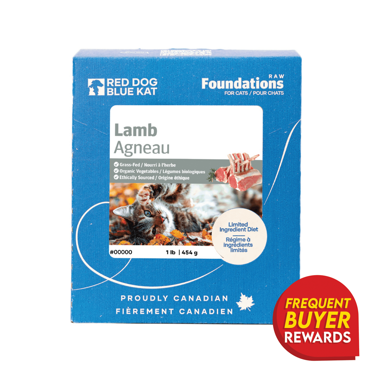Red Dog Blue Kat Lamb for Cats: 1 lb box of single-protein raw cat food, featuring grass-fed lamb, organic veggies, Canadian-made, limited-ingredient diet, freezer-friendly.