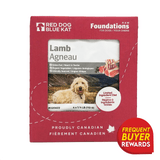 Front of Red Dog Blue Kat Lamb for Dogs box, highlighting raw, grass-fed lamb patties with organic veggies, single-protein formula, and freezer-friendly convenience. Proudly Canadian.