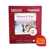 Red Dog Blue Kat Salmon and Tripe for Dogs box, showing a dog in water, emphasizing raw, limited-ingredient diet with salmon and green tripe for gut health.