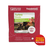 Red Dog Blue Kat Turkey for Dogs: 1 lb pack of raw food with free-range turkey, organic veggies, Proudly Canadian label, dog image, and rewards badge.