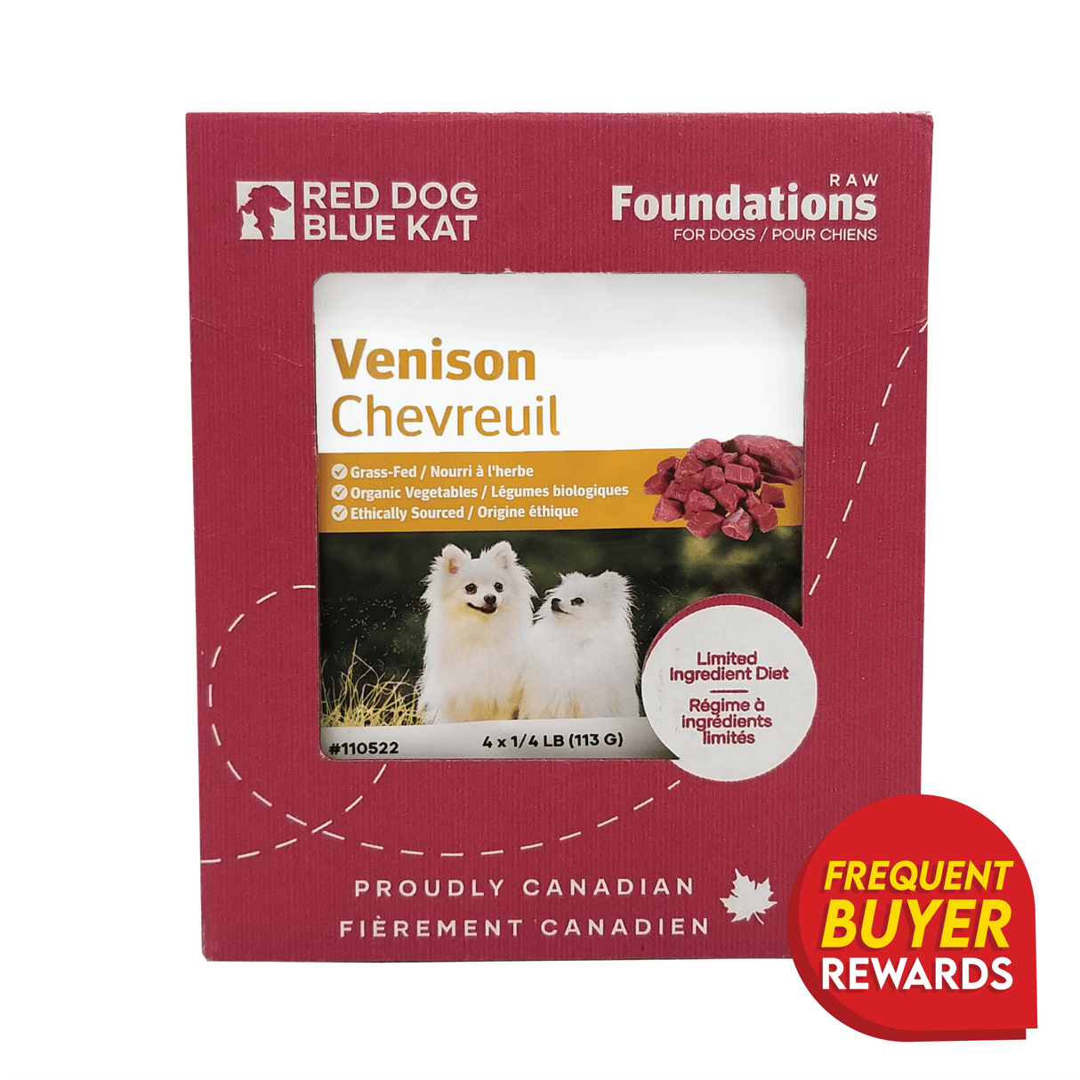 Red Dog Blue Kat Venison for Dogs box with logos, venison cubes, Pomeranians image, Grass-Fed, Ethically Sourced, Limited Ingredient, and Proudly Canadian text.