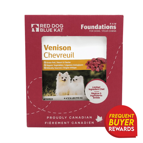 Red Dog Blue Kat Venison for Dogs box with logos, venison cubes, Pomeranians image, Grass-Fed, Ethically Sourced, Limited Ingredient, and Proudly Canadian text.