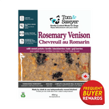 Tom & Sawyer Rosemary Venison dog meal, 454 g pouch, featuring venison, sweet potato, and berries, gluten-free, with a “Frequent Buyer Rewards” badge.