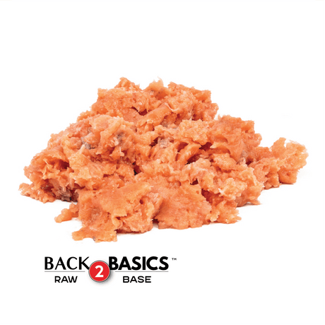 Back 2 Basics Wild Salmon - 1lb Portions from $6.49/lb, featuring a mound of pink-orange raw ground salmon, ideal for enhancing pets' Omega-3 intake.