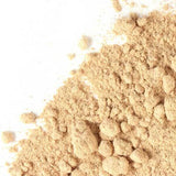 Loose pile of fine, light-tan powder on white surface, identified as Organic Slippery Elm Powder 100g, a natural remedy for cough and gastrointestinal issues.