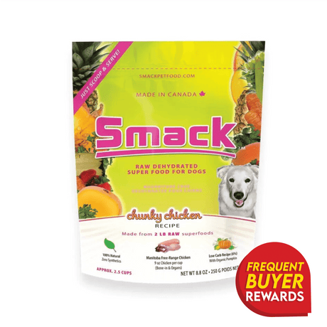 Smack Chunky Chicken for Dogs package showing dehydrated superfood details, made with natural ingredients, highlighting Canadian origin and a buyer rewards badge.