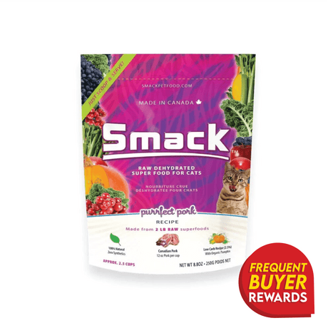 Smack Purrfect Pork for Cats package showing raw dehydrated superfood details, including Canadian pork, low-carb recipe with organic pumpkin, and Frequent Buyer Rewards badge.